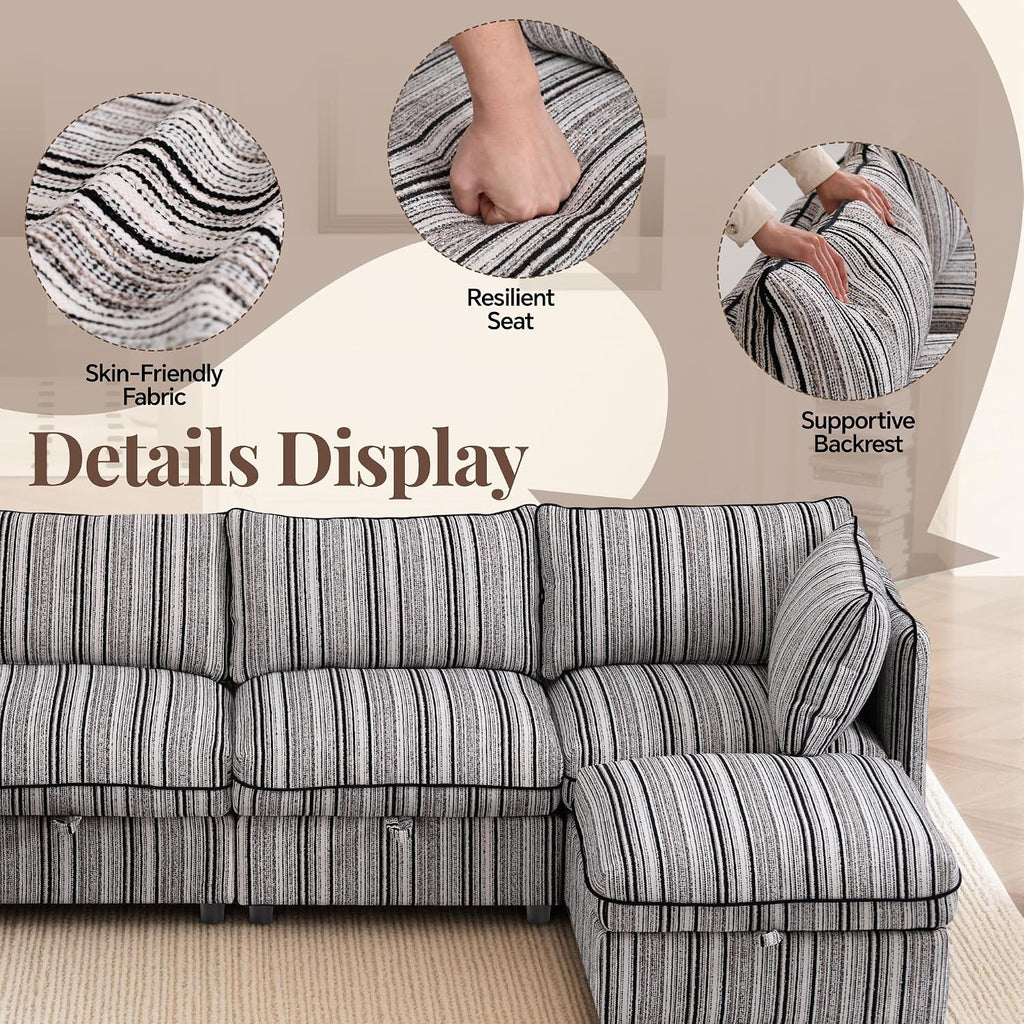 95.5' Modular Sectional Couch with Hidden Storage, Convertible L U Shaped Sleeper Sofa Bed with Stripe Pattern, 6 Seat Modular Sectional Couch with Ottoman Chaise & Removable Covers for Living Room