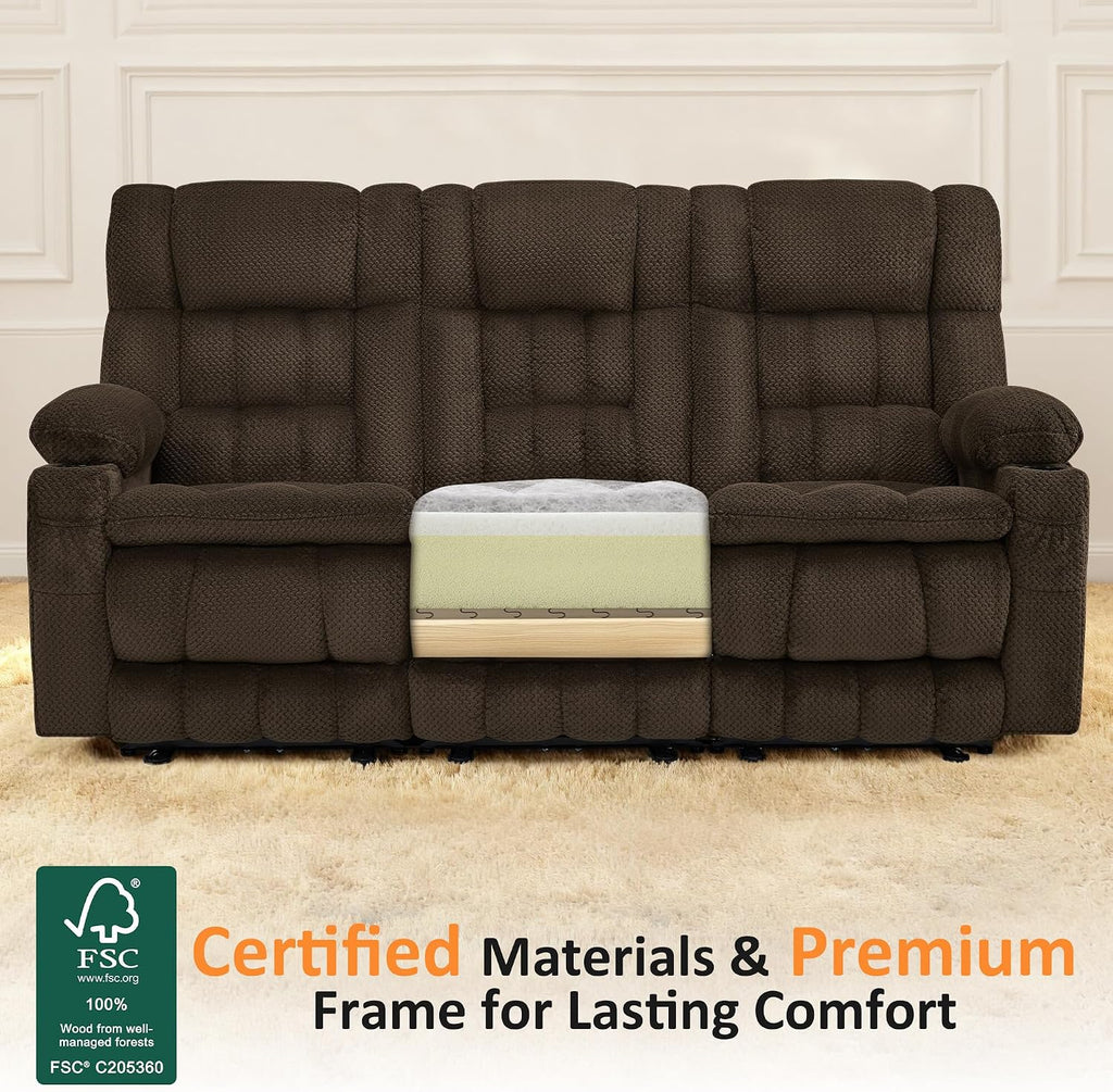 MCombo 80.7' W 3 Seater Power Reclining Sofa with Heat and Vibration Massage, Zero Gravity Recliner Sofa Couch for Living Room, Fabric 6316M3 (Brown, 3-Seater)