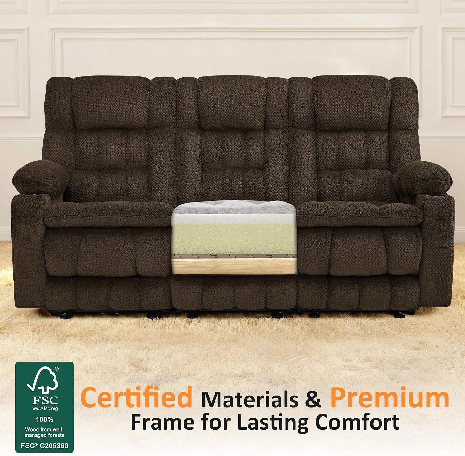 MCombo 80.7' W 3 Seater Power Reclining Sofa with Heat and Vibration Massage, Zero Gravity Recliner Sofa Couch for Living Room, Fabric 6316M3 (Brown, 3-Seater)