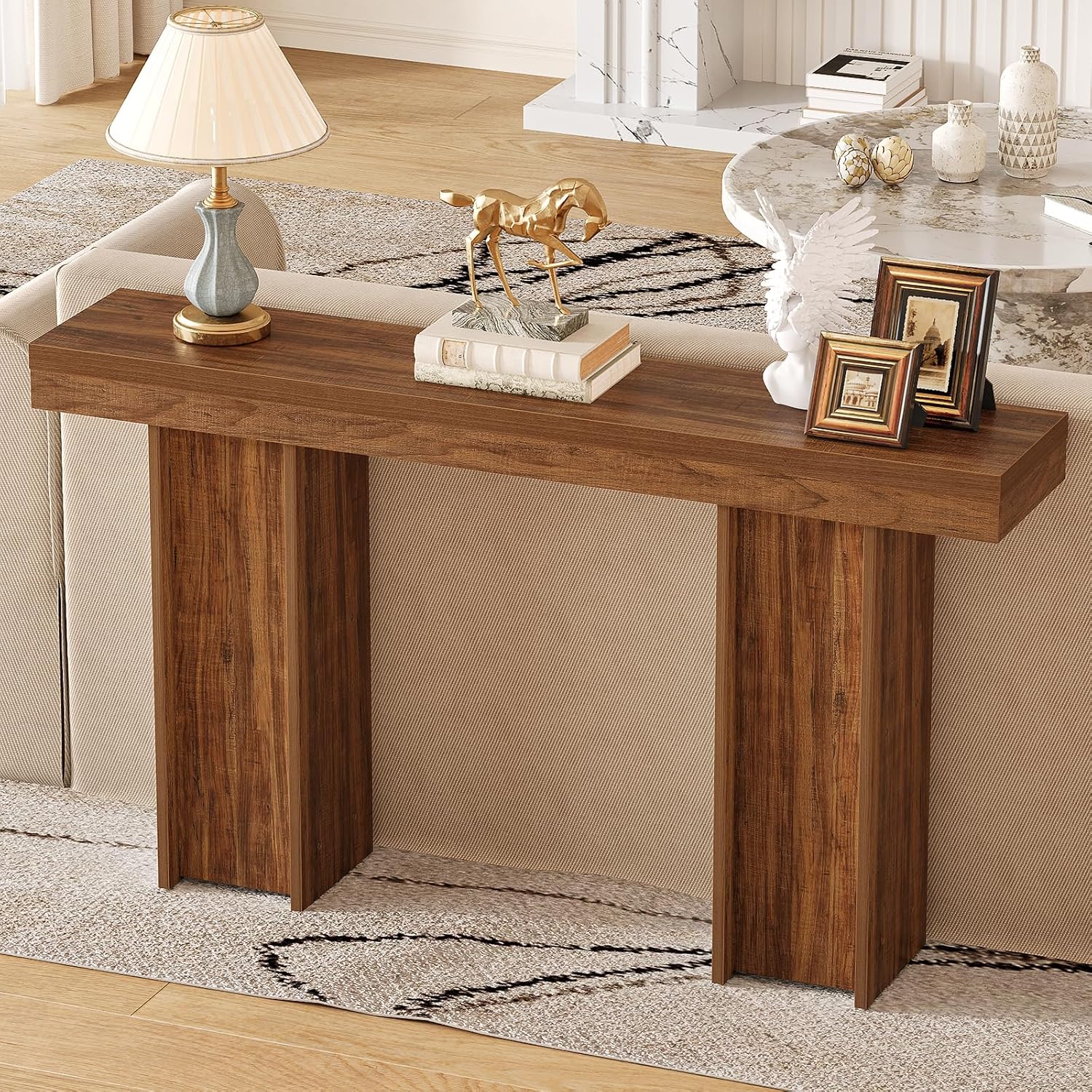 Farmhouse Console Table, 55'' Behind The Couch Table Wooden Entryway Table with Storage Double-Sided Tables for Entryway, Living Room, Hallway