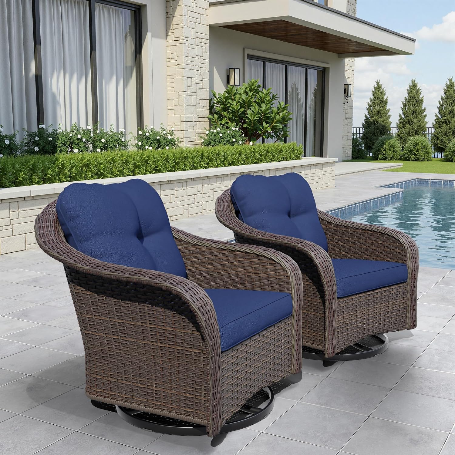 Wicker Swivel Rocking Chairs Set 2, Outdoor Brown Wicker Swivel Glider Chair Outdoor Rocking Chair with Water-Resistant Cushions, Blue