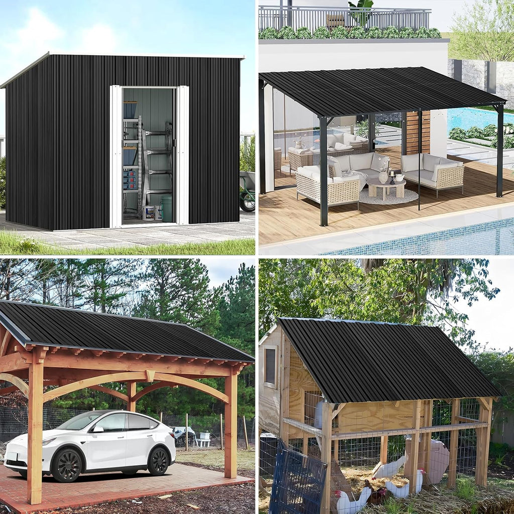 Metal Roofing Panels - 10 Pcs Waterproof Heavy Duty Metal Roof Panels Corrugated Metal Siding for Roofs Carports Tool Sheds Patio Porch Pergola, Easy to Install Black, 42.5x17.7in