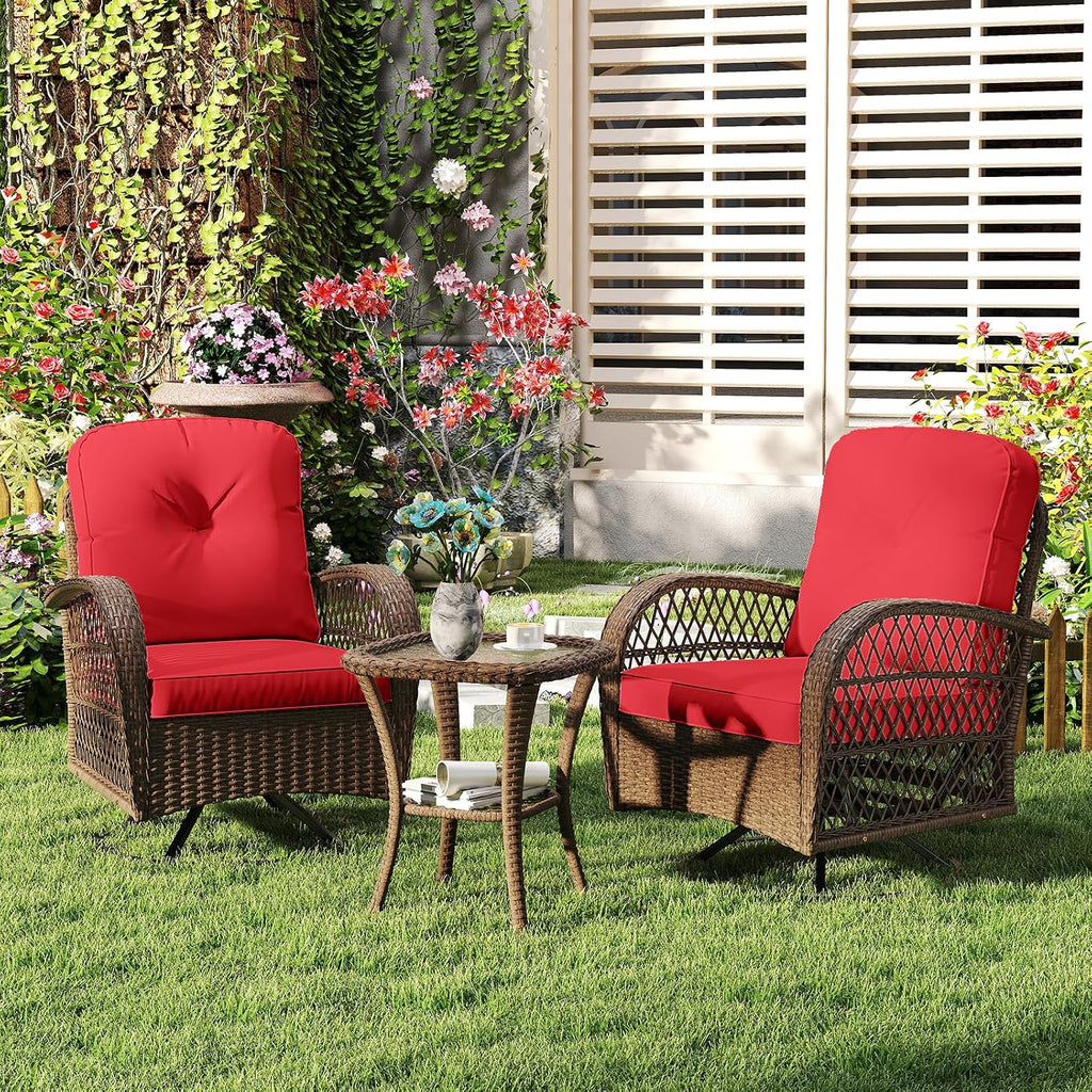 ORALNER 3 Pieces Wicker 360° Swivel Rocker Set Patio Furniture, Rocking Chairs with Cushions, Tempered Glass Coffee Table, Outdoor Rattan Bistro Set for Balcony Front Porch Deck Poolside (Red)