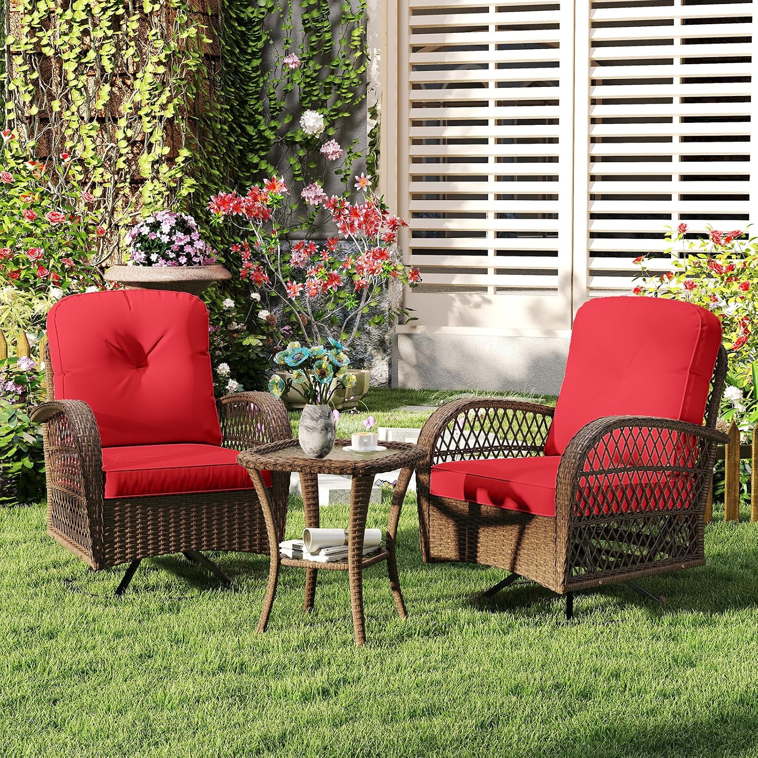 ORALNER 3 Pieces Wicker 360° Swivel Rocker Set Patio Furniture, Rocking Chairs with Cushions, Tempered Glass Coffee Table, Outdoor Rattan Bistro Set for Balcony Front Porch Deck Poolside (Red)