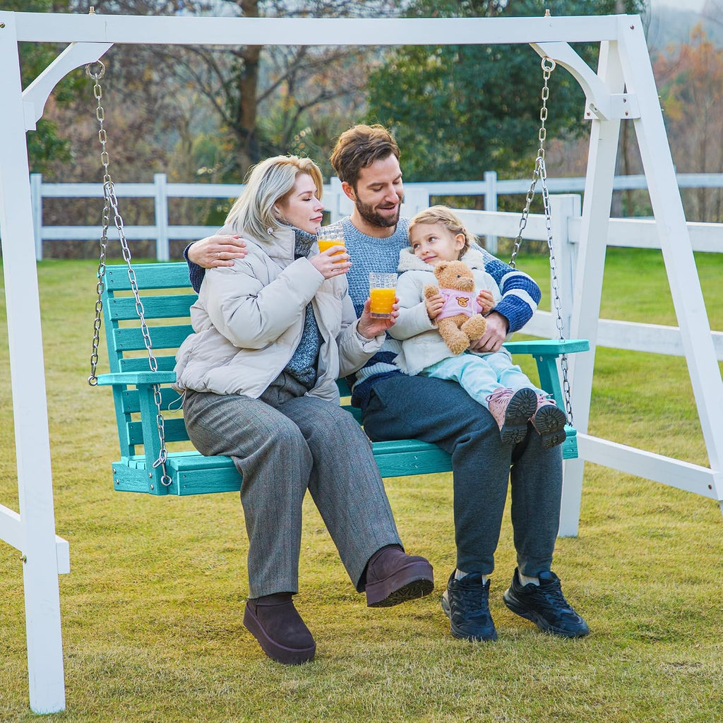 KINGYES Outdoor Hanging Porch Swing Set of 4, 2 Seat Patio Swing Recliner with Cup Holders, Waterproof Swing Recliner Bench for Courtyard & Garden, 660LBS Weight Capacity, Aruba Blue