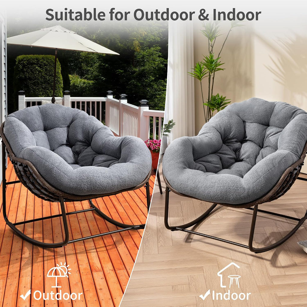 HOMEFUN Outdoor Patio Rocking Chairs Set of 2, Oversized Papasan Rock Chair Indoor with Teddy Padded Cushion - Rocker Egg Seat for Front Porch, Garden, Backyard Dark Gray