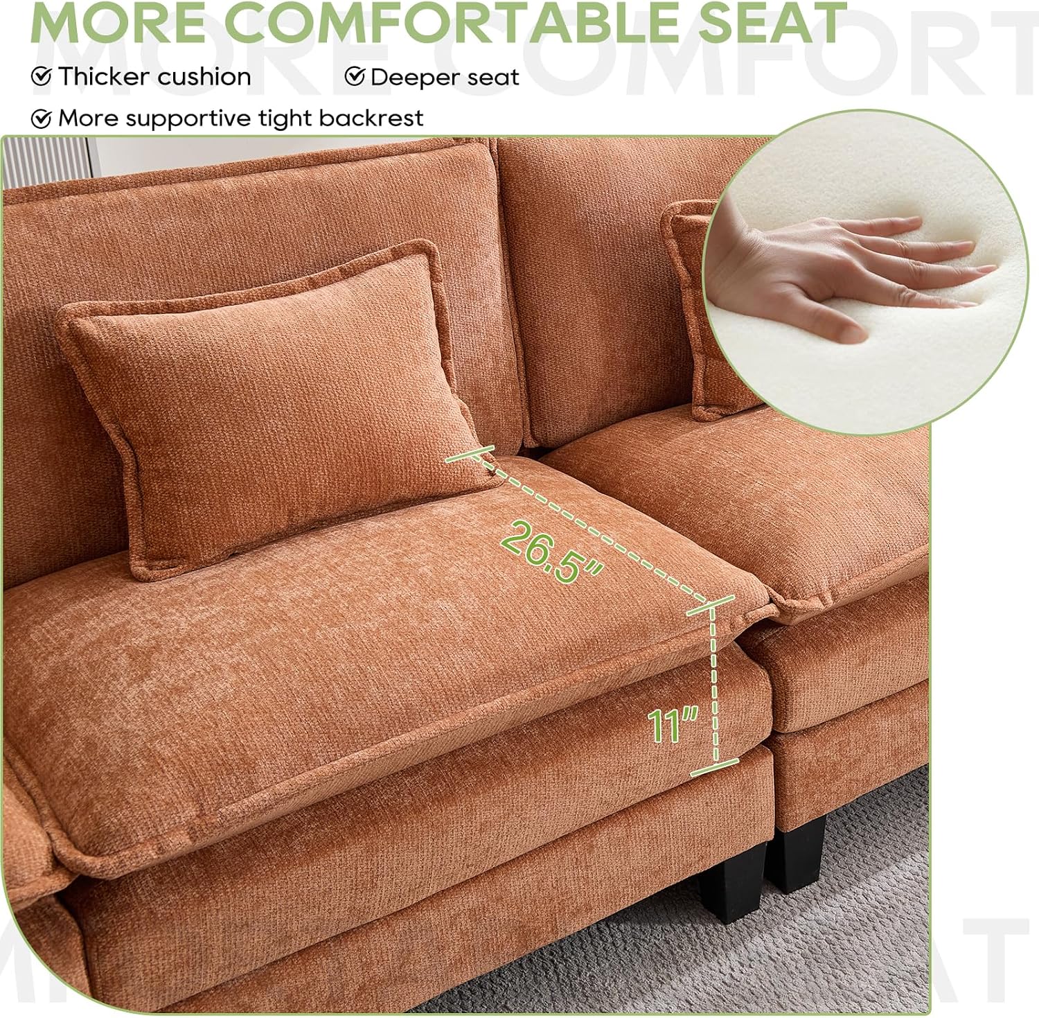 Oprisen 120' Modular Sectional Sofa, Comfy Cloud Couch Sectional Sofa with Ottoman, Chenille Sofa Sleeper Deep Seat Sofa with Throw Pillows for Living Room (Orange, 120'- U Shape)