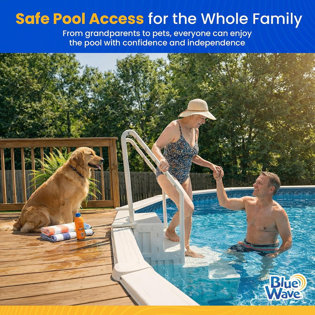 Blue Wave Easy Pool Steps – Anti-Slip Above Ground Pool Ladder – Fits 48-54-in Above Ground Pools, 350-lb Capacity – Wide Stairs with Handles & Deck Mounting Brackets, White Vinyl