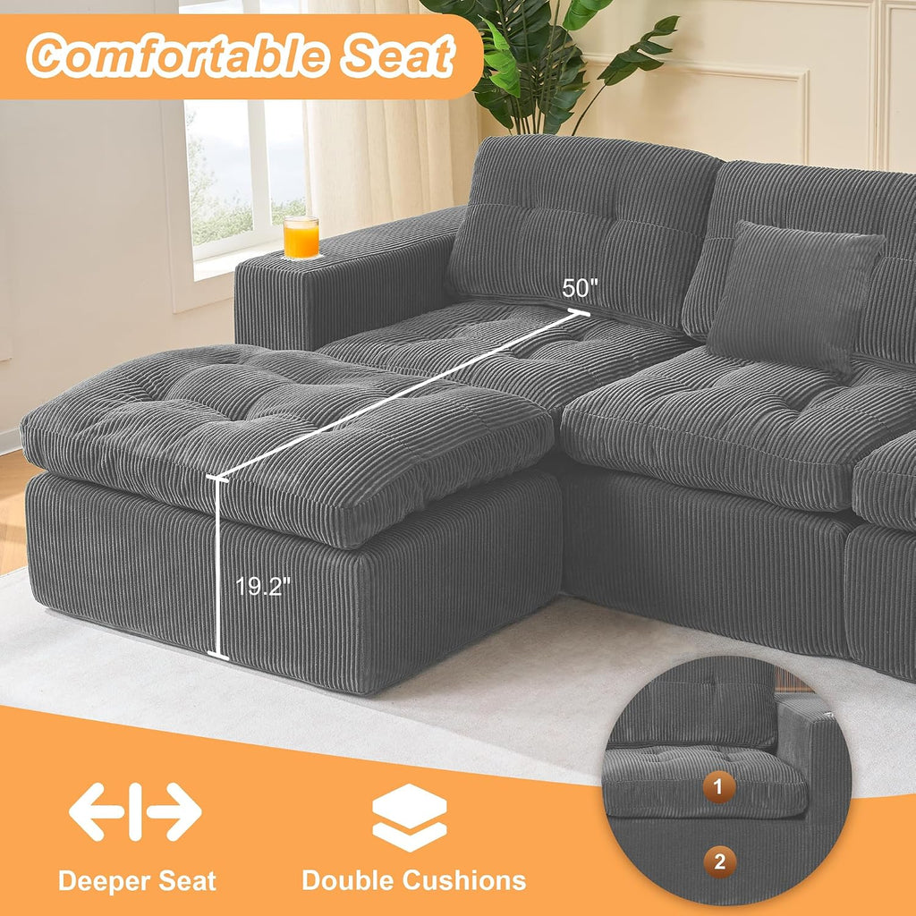 Black L Shaped Modular Cloud Sectional Sofa, Comfy 3 Seater Sectional Couches for Living Room with Cup Holders, Modern L Shape Sofa Set for Living Room Bedroom (Grey)