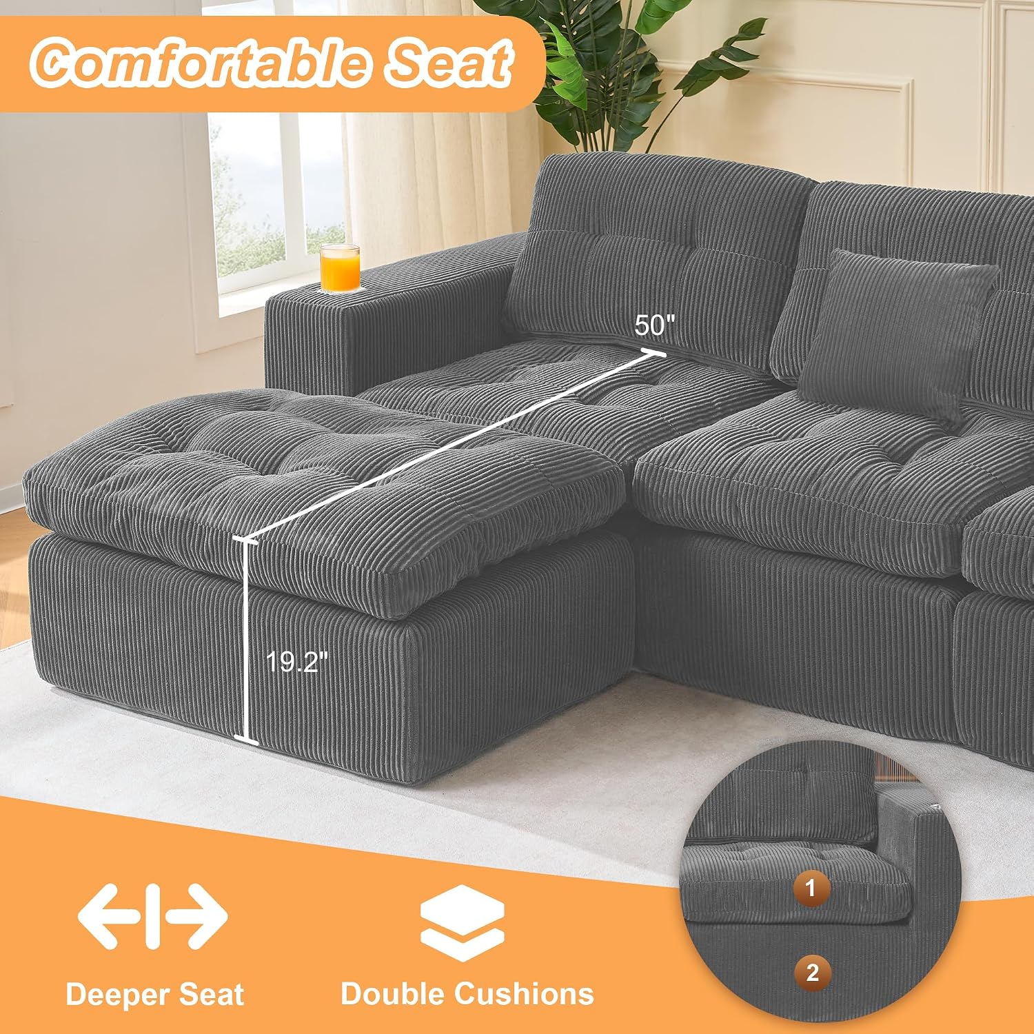 Black L Shaped Modular Cloud Sectional Sofa, Comfy 3 Seater Sectional Couches for Living Room with Cup Holders, Modern L Shape Sofa Set for Living Room Bedroom (Grey)