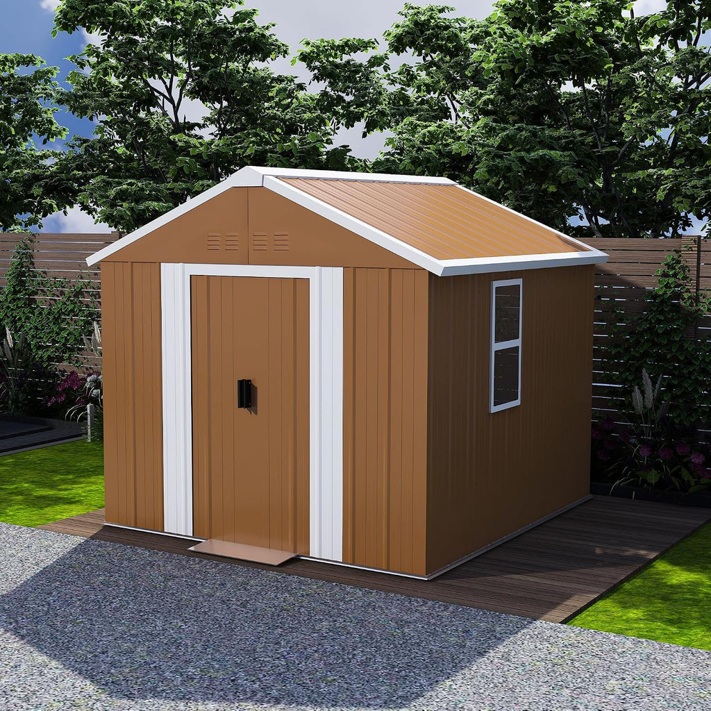 6x4 FT Outdoor Steel Storage Shed with Clear Windows, Sliding Lockable Door & Ventilation, Brown and White Weather-Resistant Metal Tool Shed for Garden, Backyard, Lawn, and Utility Storage