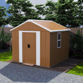 6x4 FT Outdoor Steel Storage Shed with Clear Windows, Sliding Lockable Door & Ventilation, Brown and White Weather-Resistant Metal Tool Shed for Garden, Backyard, Lawn, and Utility Storage