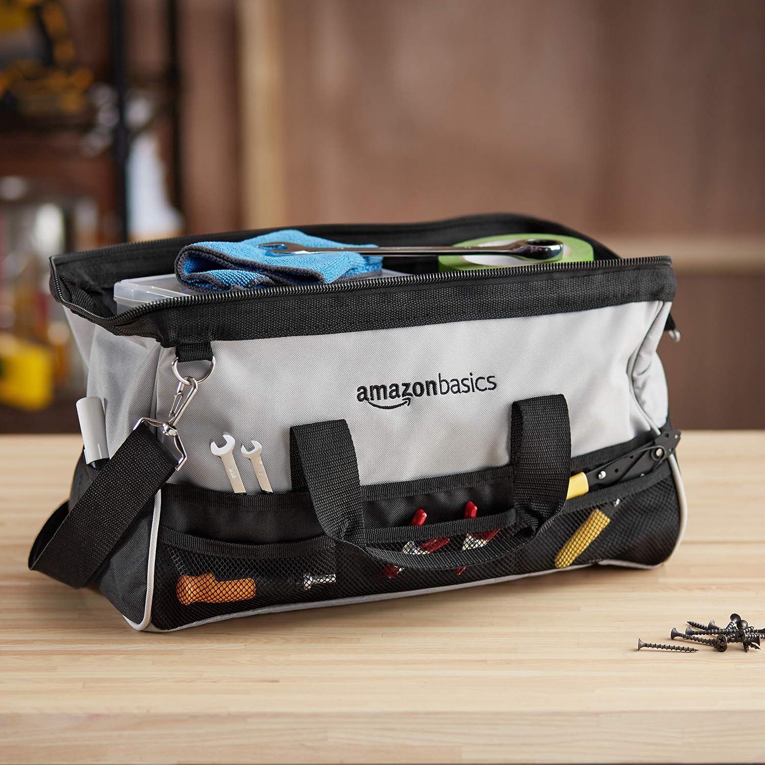 Amazon Basics Durable Wear-Resistant Tool Storage Bag with Adjustable Shoulder Strap,Portable Tool Organizer,16 in,Black & Grey,(Pack of 8)