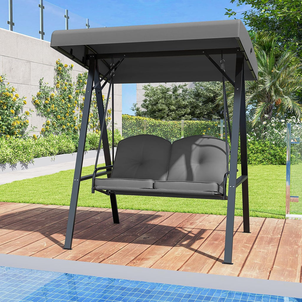 Tangkula 2 Person Porch Swing, Patio Swing with Adjustable Canopy, Heavy-Duty Metal Frame & Soft Cushion, Outdoor Swing for Backyard, Garden (Grey)