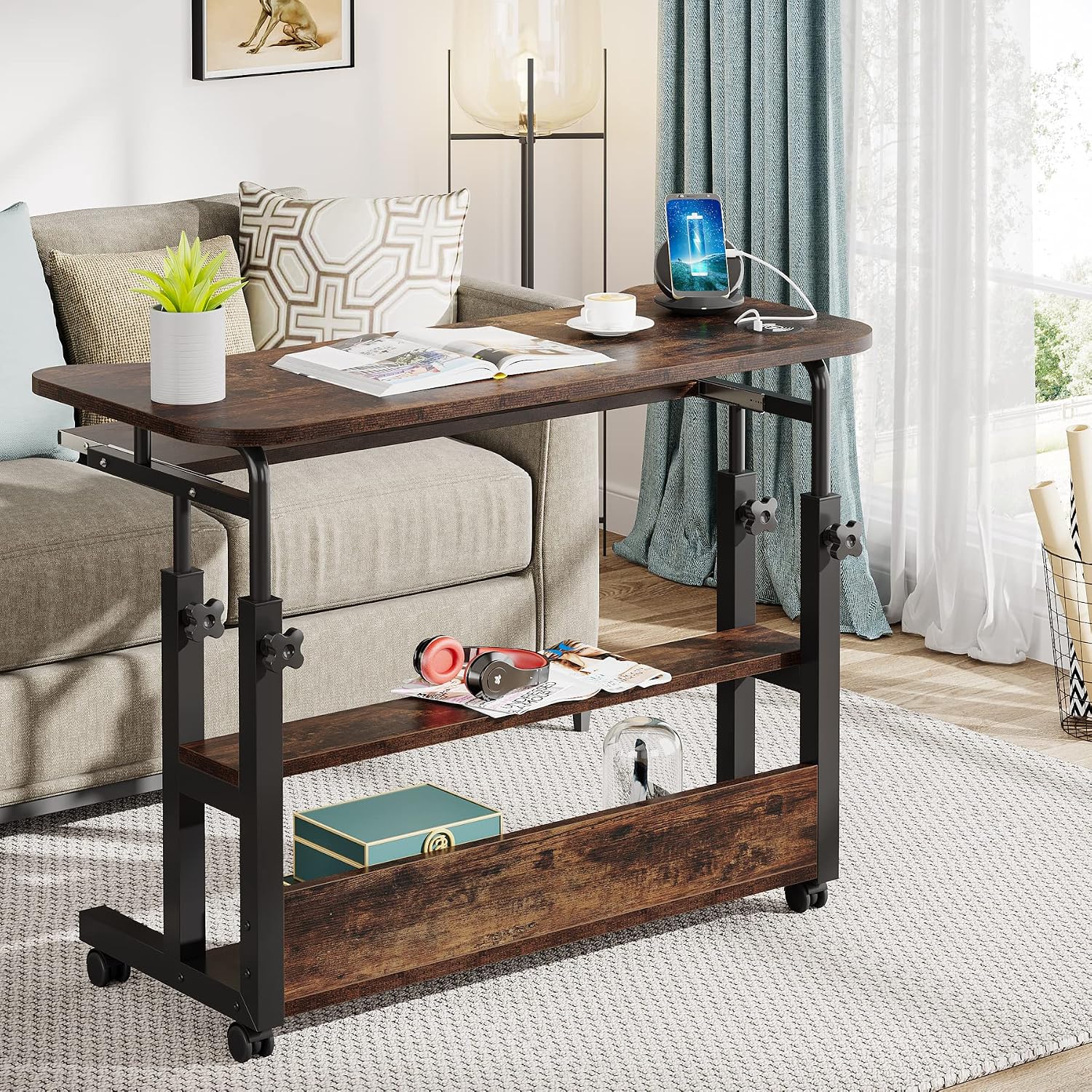 Tribesigns Portable Desk with Power Outlets, Height Adjustable Side Table Sofa Couch Bedside Laptop Computer Cart with USB Charging Ports, Mobile Small Standing Desk with Keyboard Tray