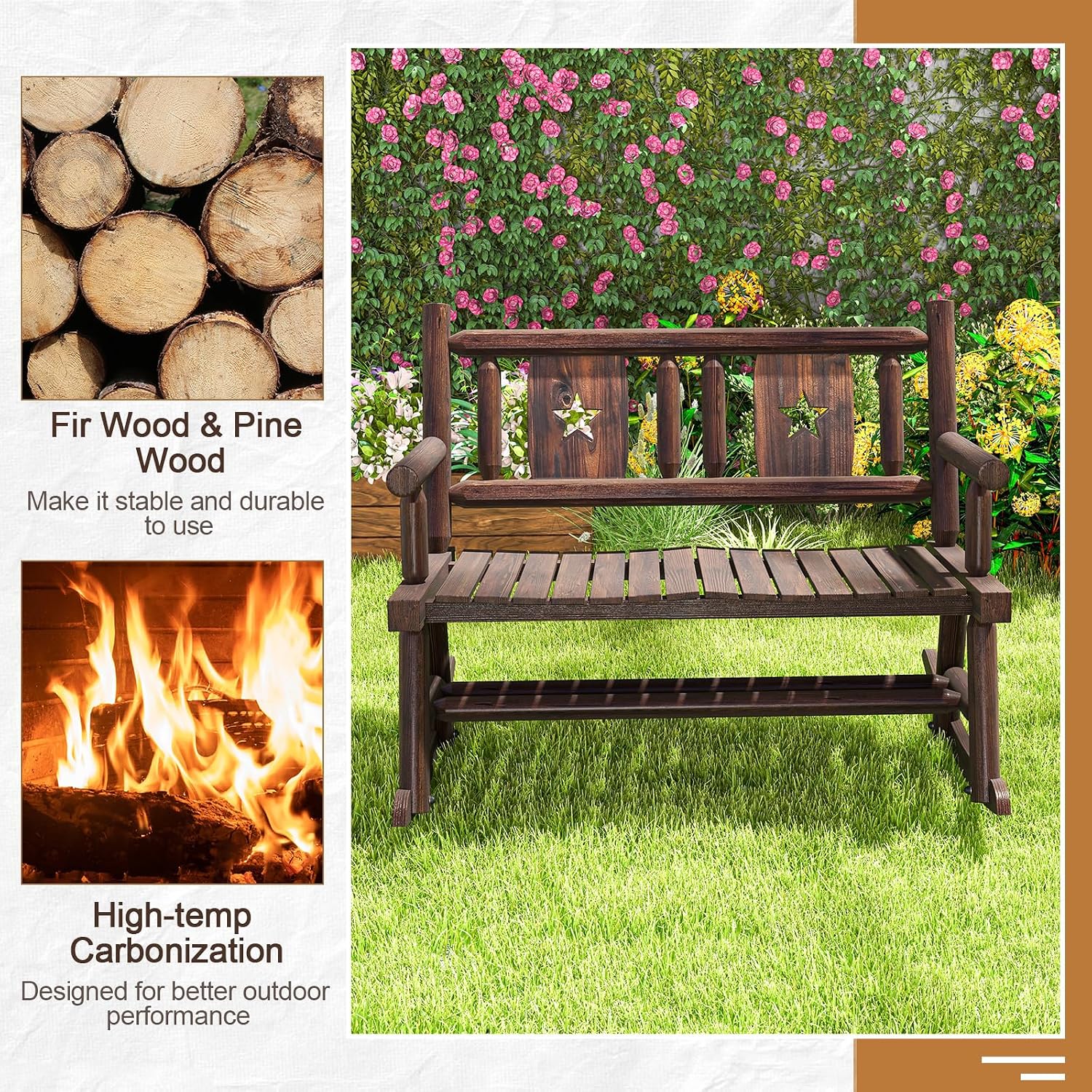 HAPPYGRILL Outdoor Wood Rocking Bench Carbonized Double Rocking Chair for 2 Persons with Wide Curved Seat, Porch Rocker for Porch, Garden, Backyard, 710LBS Capacity