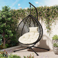 Egg Chair with Stand Patio Rattan Wicker Hanging Swing Egg Chair Hammock Chair for Indoor and Outdoor Egg Hanging Chair for Balcony Porch Garden 330lbs Capacity - Black+Beige