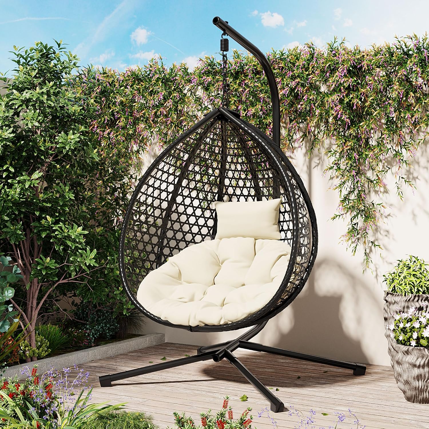 Egg Chair with Stand Patio Rattan Wicker Hanging Swing Egg Chair Hammock Chair for Indoor and Outdoor Egg Hanging Chair for Balcony Porch Garden 330lbs Capacity - Black+Beige