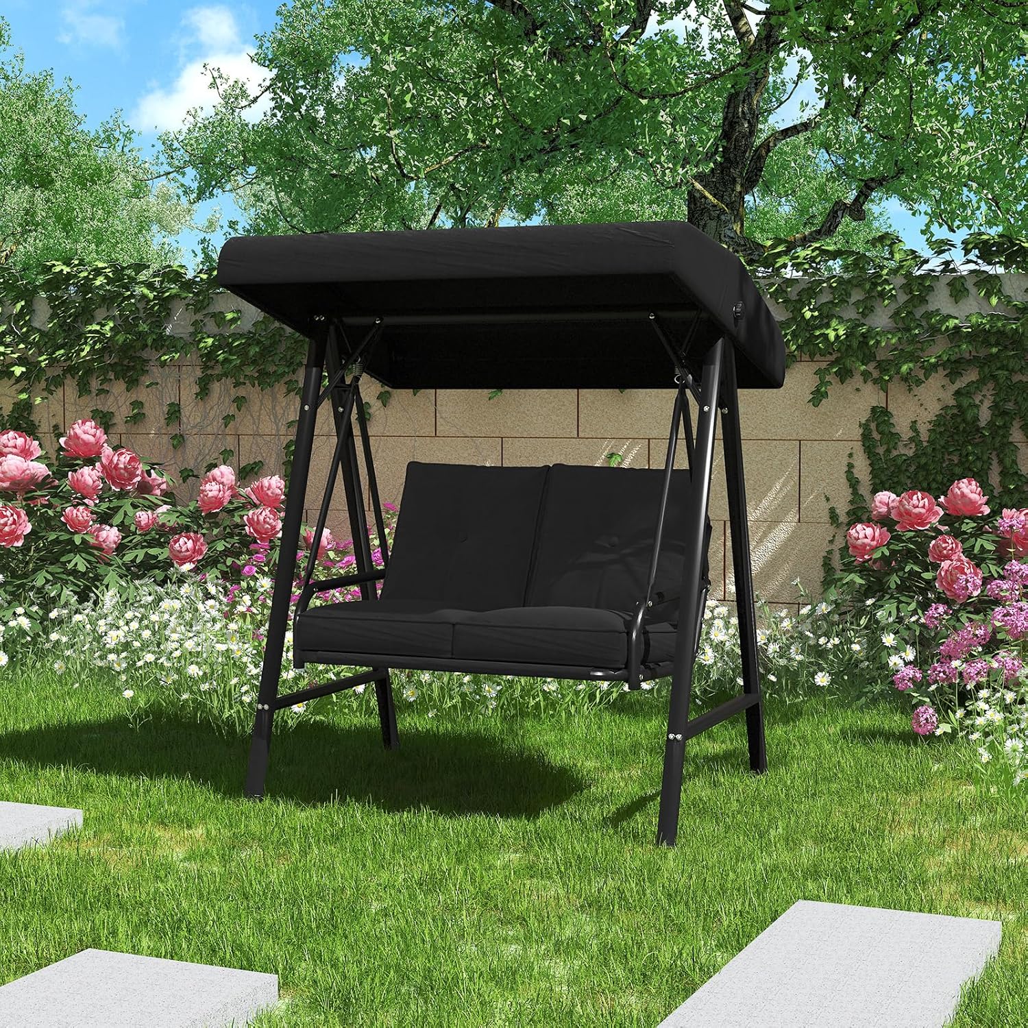 AECOJOY 2-Seat Outdoor Patio Swing Chair with Adjustable Canopy, Porch Swings Chairs for Adult, Outside Swing Bench with Removable Cushion, Suitable for Backyard, Garden, Yard, Poolside, Balcon, Black