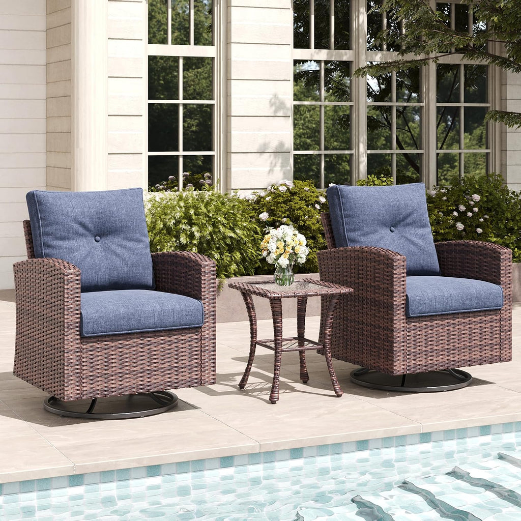 LayinSun 3 Pieces Outdoor Swivel Rocker Chair Set of 2 and Side Table, 360 Degree Rattan Wicker Swivel Chairs Patio Bistro Set for Porch