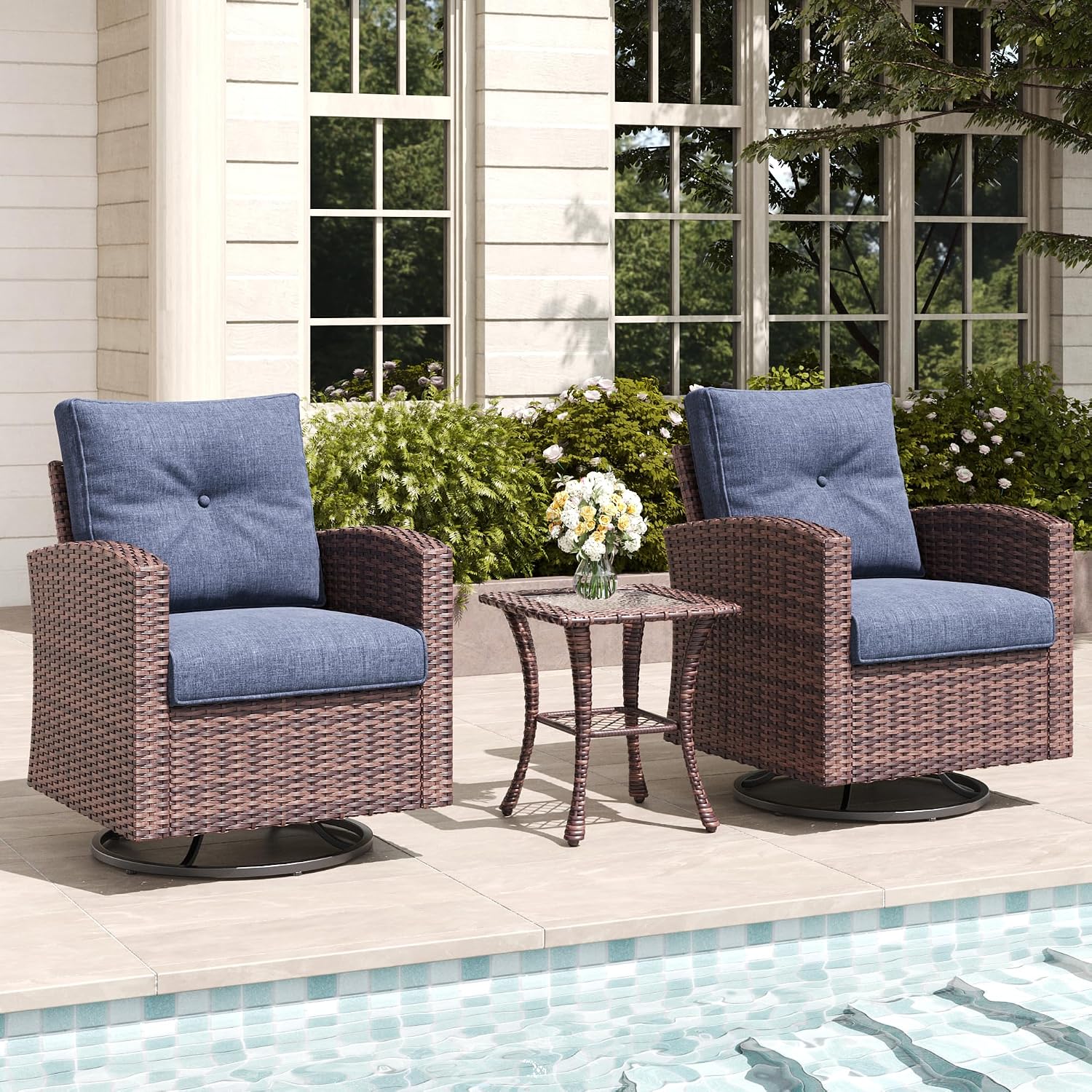 LayinSun 3 Pieces Outdoor Swivel Rocker Chair Set of 2 and Side Table, 360 Degree Rattan Wicker Swivel Chairs Patio Bistro Set for Porch
