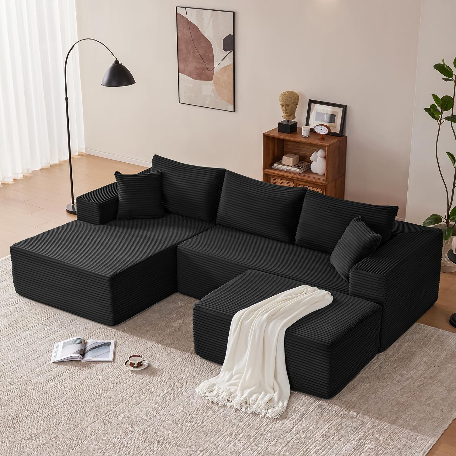 Mangodan 110' Cloud Sectional Couch, Modular Sectional Sofa with Deep Seat, Boneless Sofa for Living Room, Fluffy Comfy U-Shaped Couch with Left Facing Chaise, No Assembly Required, Black
