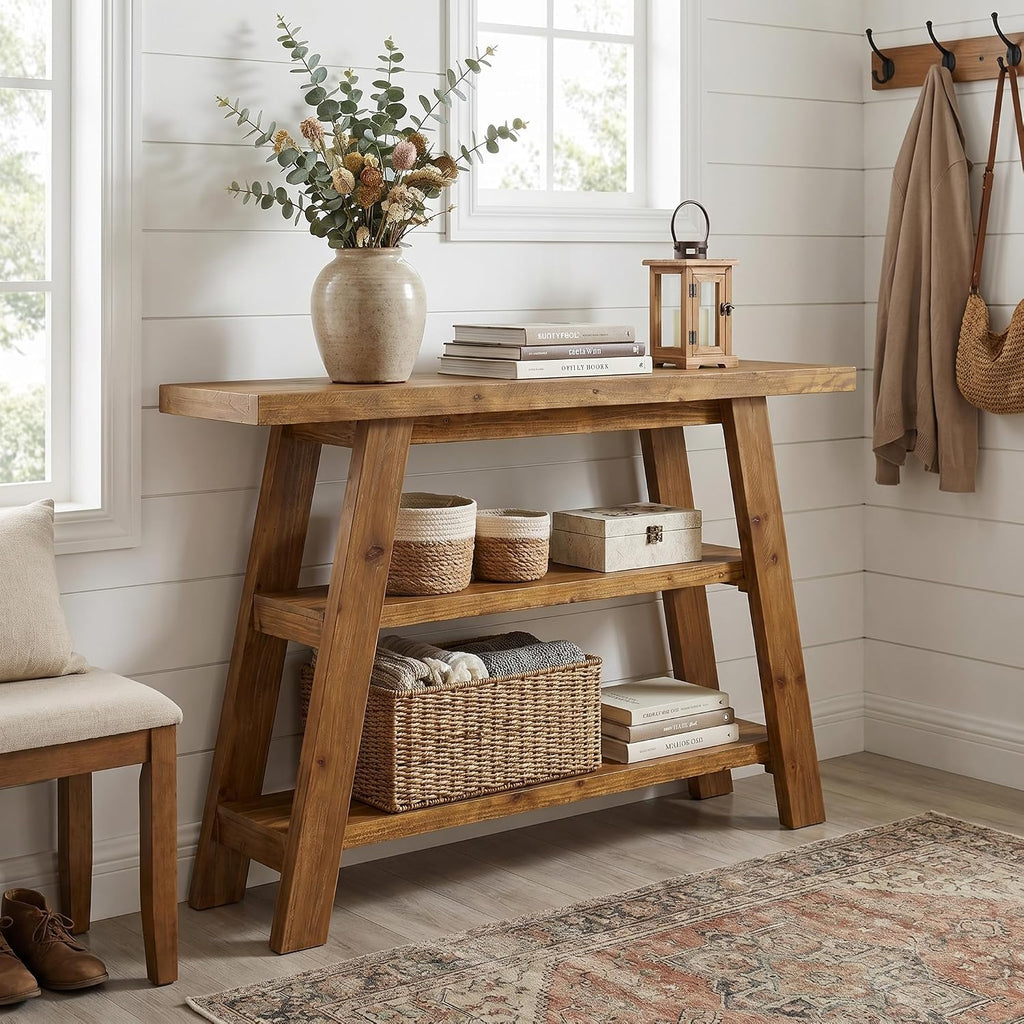 Solid Wood Console Table, 47.24' Farmhouse Narrow Entryway Table with 3-Tier Storage Shelves, Accent Sofa Table for Hallway, Foyer & Living Room (Retro Brown)