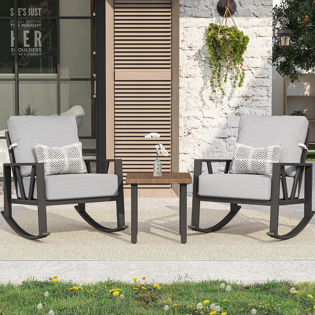 Outdoor Patio Rocking Chairs Set of 2, 3 Pieces Patio Porch Furniture Set with 6' Thick Cushions, Outdoor Bistro Set with Coffee Table, Light Grey