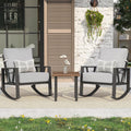 Outdoor Patio Rocking Chairs Set of 2, 3 Pieces Patio Porch Furniture Set with 6' Thick Cushions, Outdoor Bistro Set with Coffee Table, Light Grey