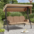 HOMREST 3 Person Outdoor Porch Swing with 1.5' Upgraded Cup Holder, Adjustable Canopy, Backrest, Patio Swing Bed with Weather Resistant Steel Frame, Cushions for Garden,Deck and Poolside(Brown)