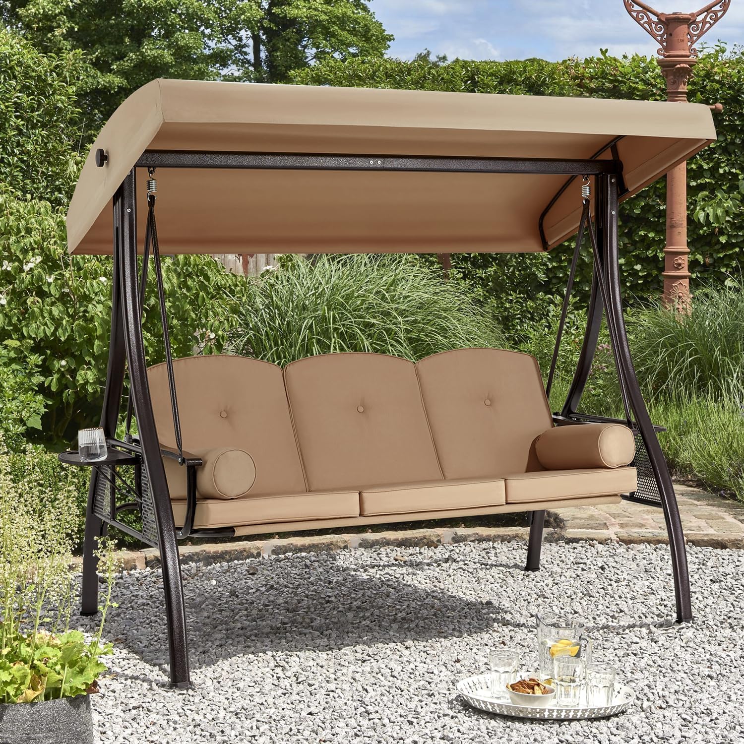 HOMREST 3 Person Outdoor Porch Swing with 1.5' Upgraded Cup Holder, Adjustable Canopy, Backrest, Patio Swing Bed with Weather Resistant Steel Frame, Cushions for Garden,Deck and Poolside(Brown)