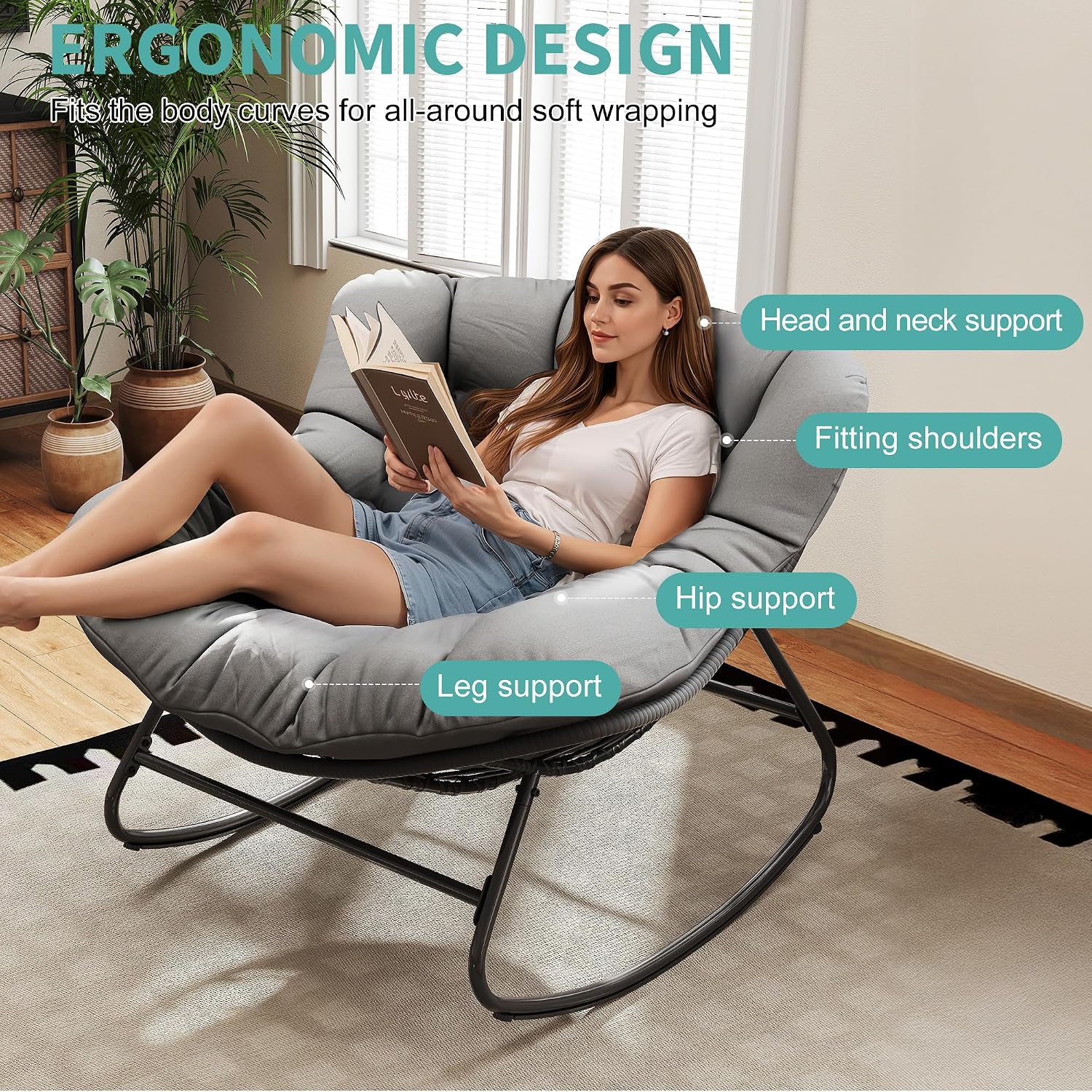 Fancyango Oversized Egg Rocking Chair for Indoor/Outdoor – All-Weather Wicker Rattan Lounge Chair with Cushion, Patio Rocker for Porch, Garden, or Balcony (Grey, 37.8' D x 36.6' W x 33' H)