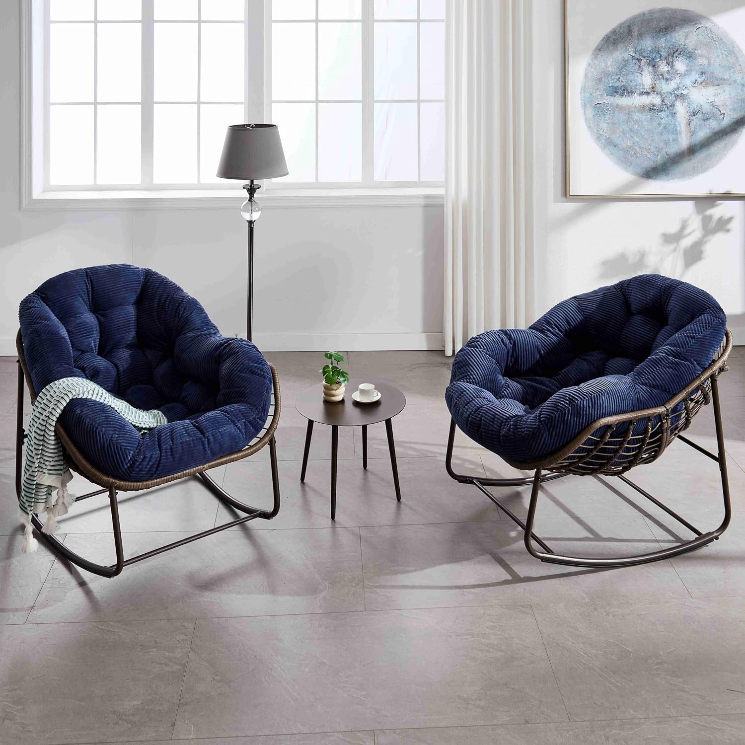 Wicker Outdoor Rocking Chair Rattan Egg Chair with Thick Cushion 30° Smooth Rocking Patio Lounge Reclining for Indoor Outdoor Use Living Room Front Porch Balcony Lawn Garden, Navy Blue