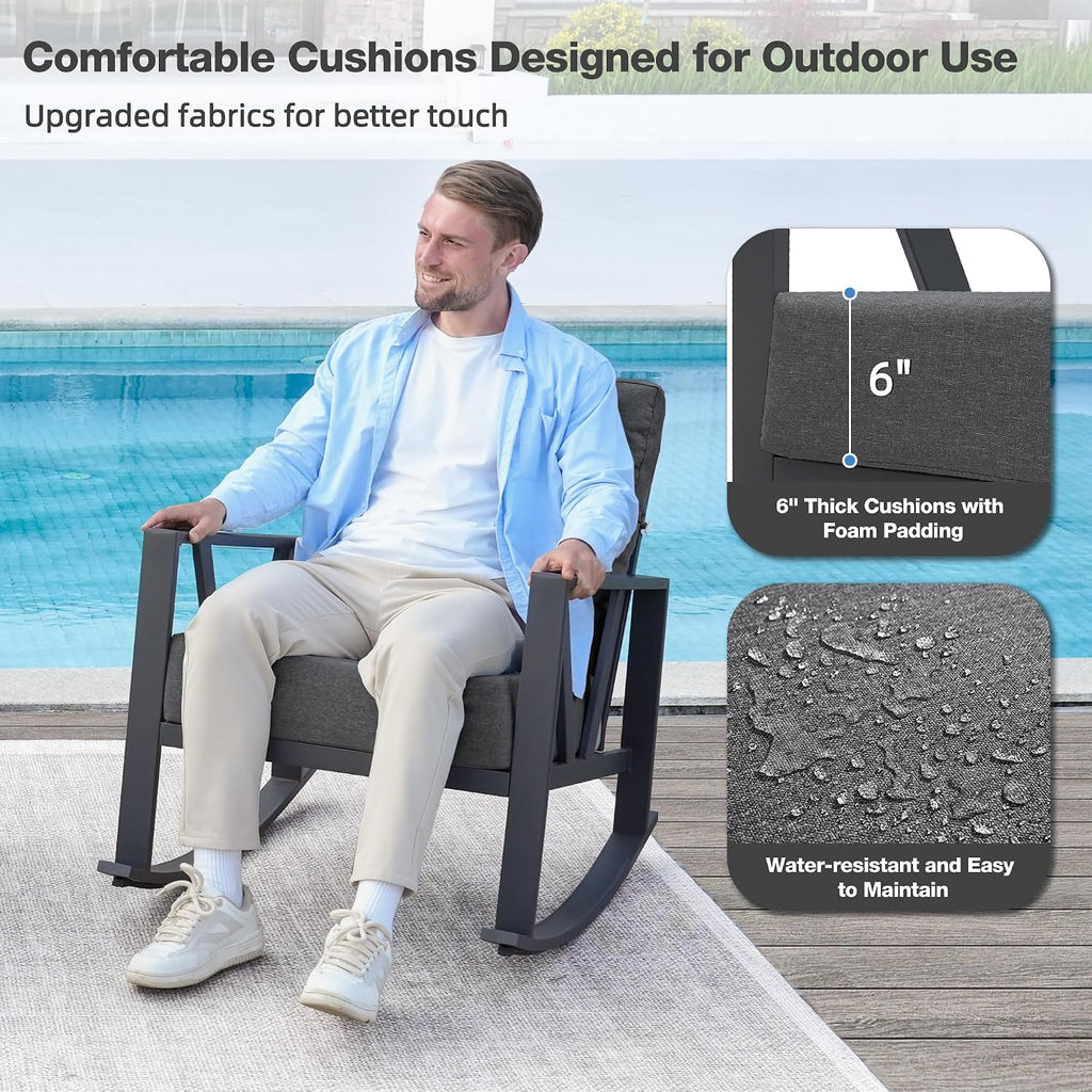 Outdoor Patio Rocking Chairs Set of 2, 3 Pieces Patio Porch Furniture Set with 6' Thick Cushions, Outdoor Bistro Set with Coffee Table, Dark Grey