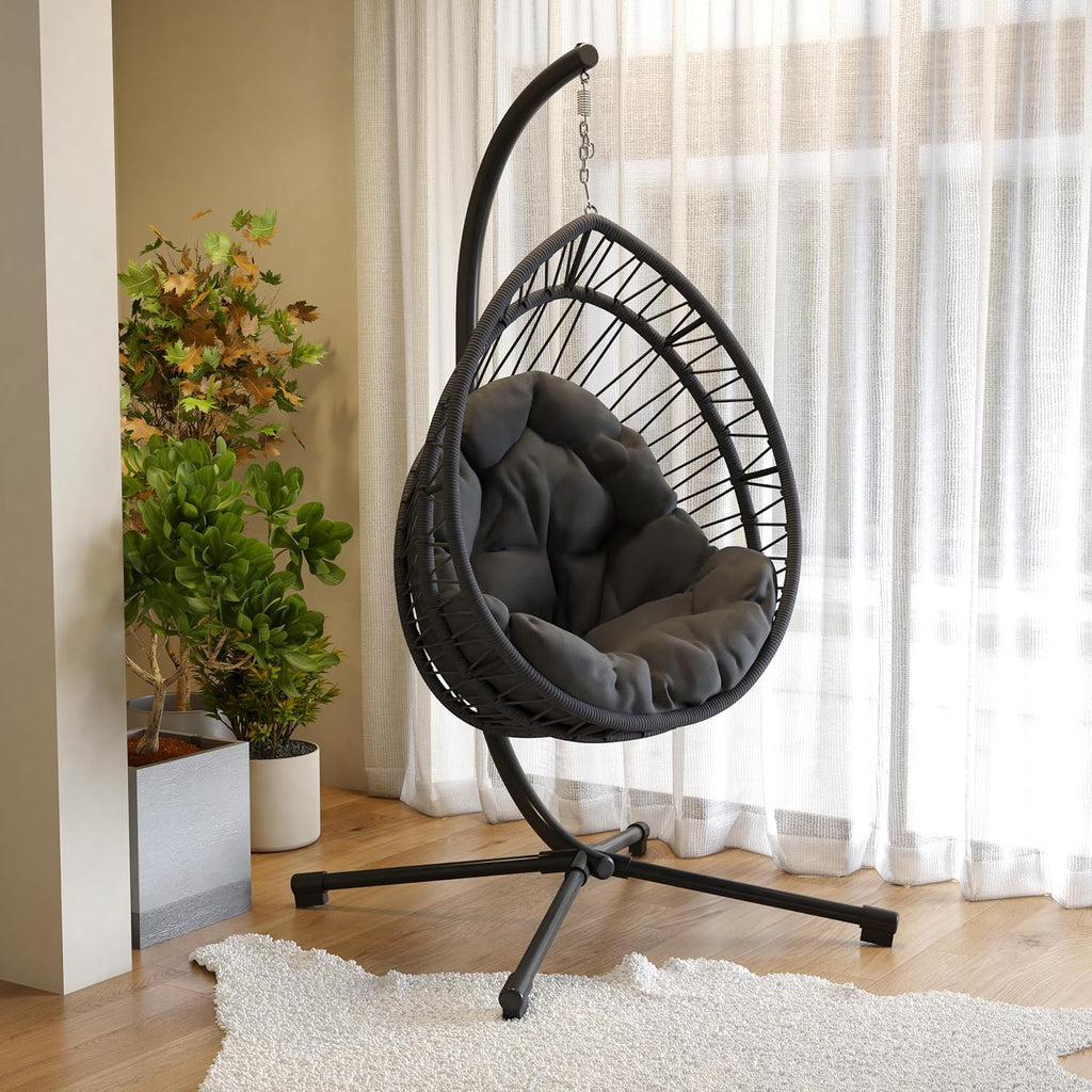GOWE Outdoor Egg-Shaped Hanging Chair with Stand, Patio Egg-Shaped Swing Chair, Indoor Rocking Chair, Outdoor Hammock Egg-Shaped Chair, Dark Gray