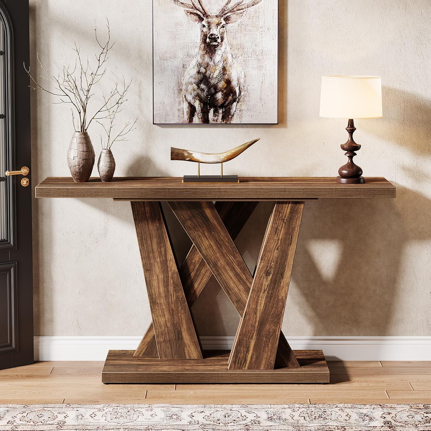 Tribesigns 55-Inch Farmhouse Console Table, Farmhouse Behind The Couch Table TV Stand with Geometric Base, Skinny Sofa Table Entryway Table for Entrance, Living Room, Hallway, Foyer, Rustic Brown