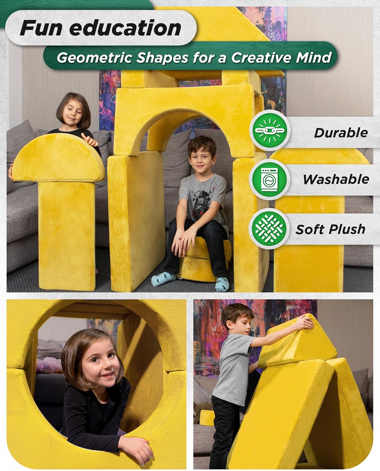 Lunix LX15 14pcs Modular Kids Play Couch, Child Sectional Sofa, Fortplay Bedroom and Playroom Furniture for Toddlers, Convertible Foam and Floor Cushion for Boys and Girls, Amber Yellow