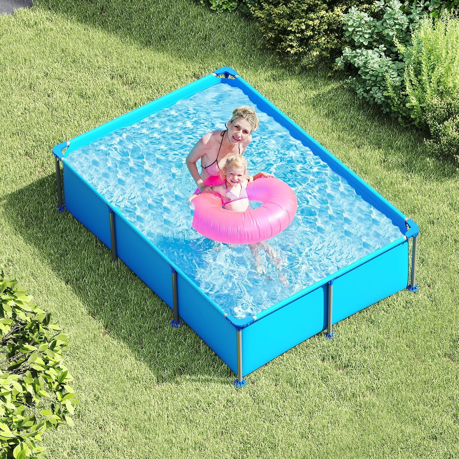 Moccha 8.5' x 6' Rectangle Above Ground Pool - Metal Frame Family Pool Set with PVC Fabric, 3 Stoppers & Drainage Valve Connector, Outdoor Backyard Swimming Pool, 690 Gallons of Water