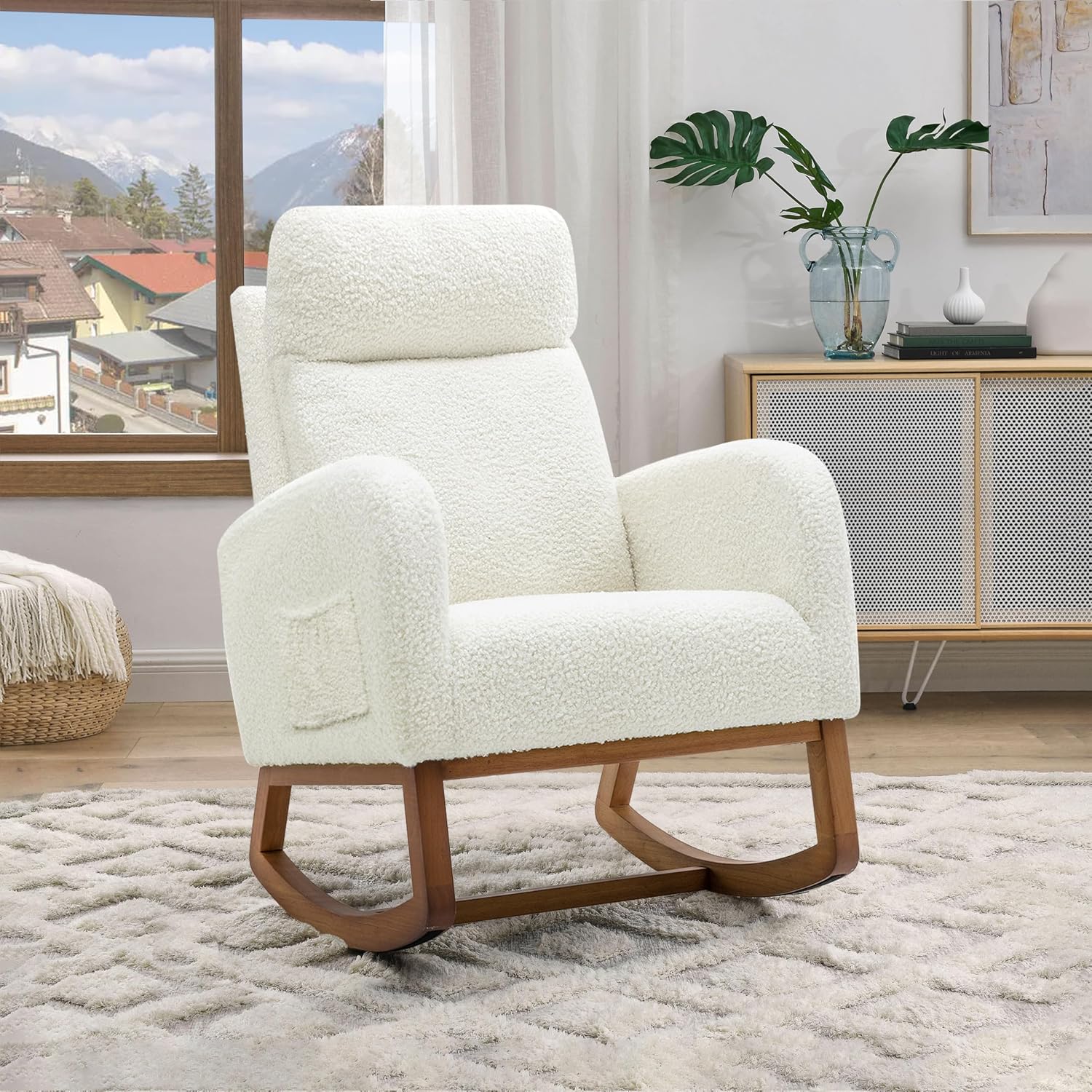 Nursery Rocking Glider Chair, Modern Fabric Tall Back Accent Rocker Chair Upholstered Arm Chair w/Side Pockets, Modern Leisure Single Sofa for Living Room, Hotel, Bedroom, Office, Cream