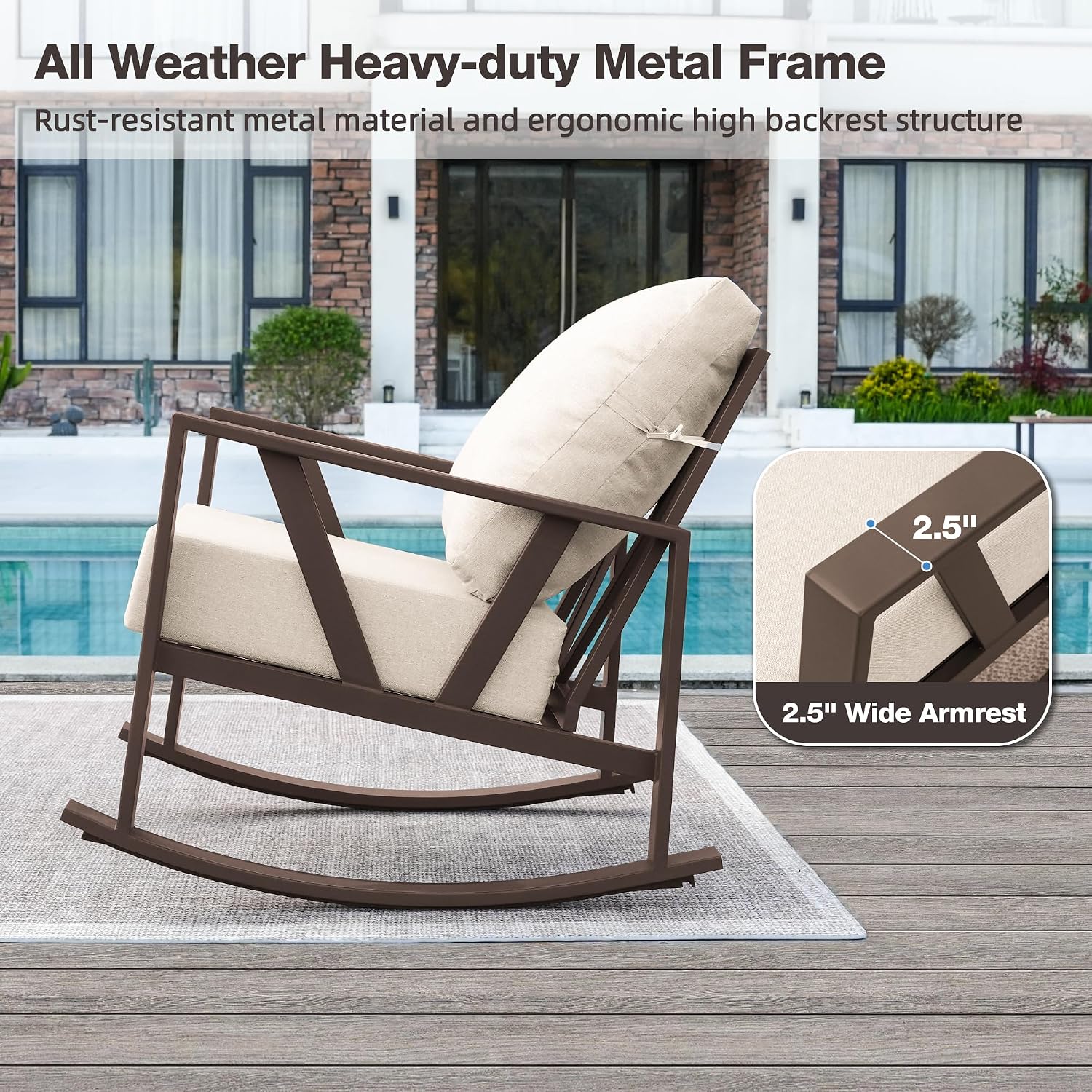 Outdoor Patio Rocking Chairs Set of 2, 3 Pieces Patio Porch Furniture Set with 6' Thick Cushions, Outdoor Bistro Set with Coffee Table, Upgrade Beige