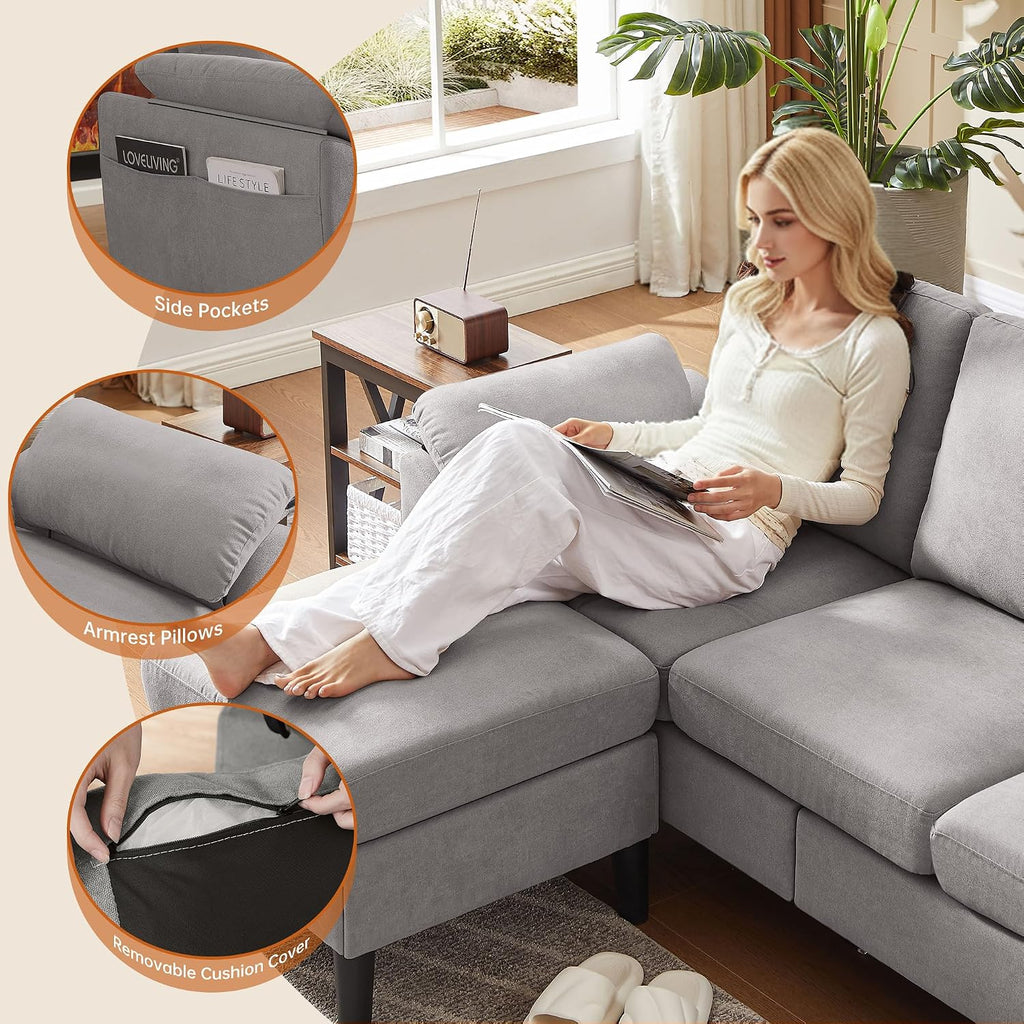 Convertible Sectional Sofa, Modern L Shaped 3-seat Sofa, 79' Linen Fabric Small Sectional Couch with Movable Ottoman, Couch for Small Spaces Living Room (Light Grey)