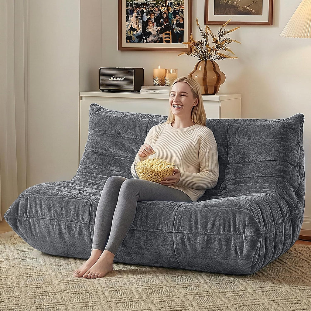 HABUTWAY Bean Bag Chair, Giant Bean Bag Chairs for Adults, Loveseat Fireside Chair, 2 Seater Lazy Bean Bag Sofa Memory Foam Couch for Living Room, Bedroom, Office (Grey)