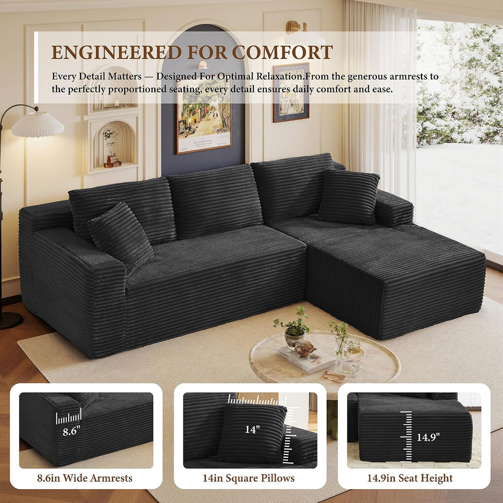 96' Sectional Couches for Living Room Cloud Couch Sofa with L-Shape Upholstered Boneless Couchs Modern Modular Sectional Couch with Chaise (Black, 95' W+Right Facing Chaise+2Seaters)