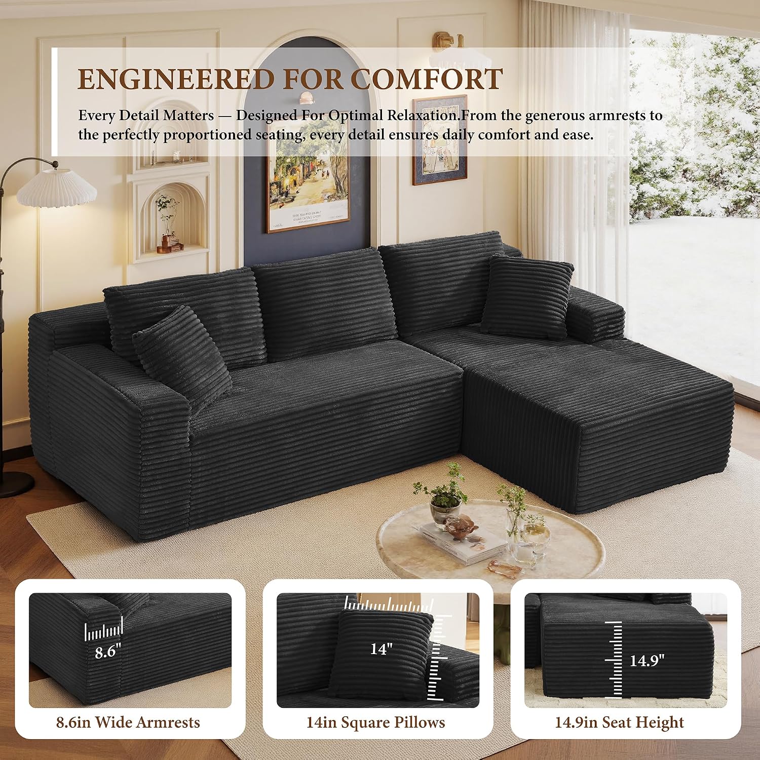 96' Sectional Couches for Living Room Cloud Couch Sofa with L-Shape Upholstered Boneless Couchs Modern Modular Sectional Couch with Chaise (Black, 95' W+Right Facing Chaise+2Seaters)