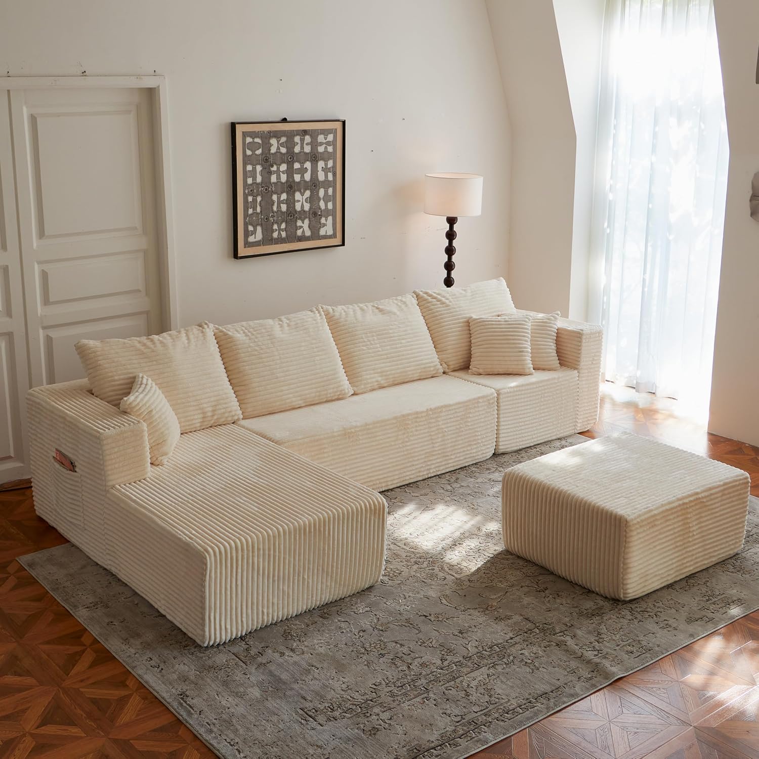 Oversized Cloud Boneless Couch with Chaise, Modern Modular Sofa with Deep Seat, Corduroy Upholstered U Shaped Couch for Living Room, No Assembly Required-Beige