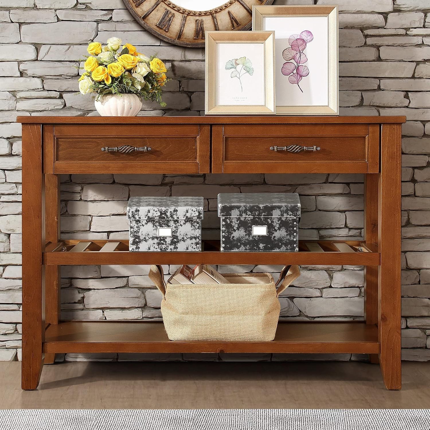 LKTART Solid Wood Console Table Entryway Table with Storage Drawers and Shelves Sofa Tables,Entryway Table for Living Room,Behind the Couch Table (42' Brown)