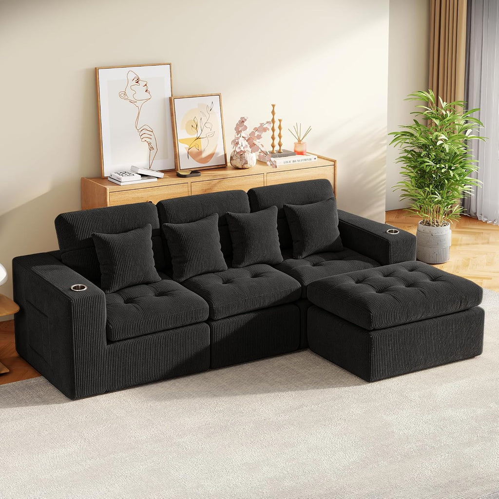 105' Modular Sectional Sofa, Cloud Sectional Couch with Deep Seat, Modern Corduroy Comfy L Shaped Couch with Chaise, Boneless Couches for Living Room Bedroom (Matte Black) | Cloud Sectional, Deep Seat, Corduroy, L Shaped with Chaise, Boneless Design