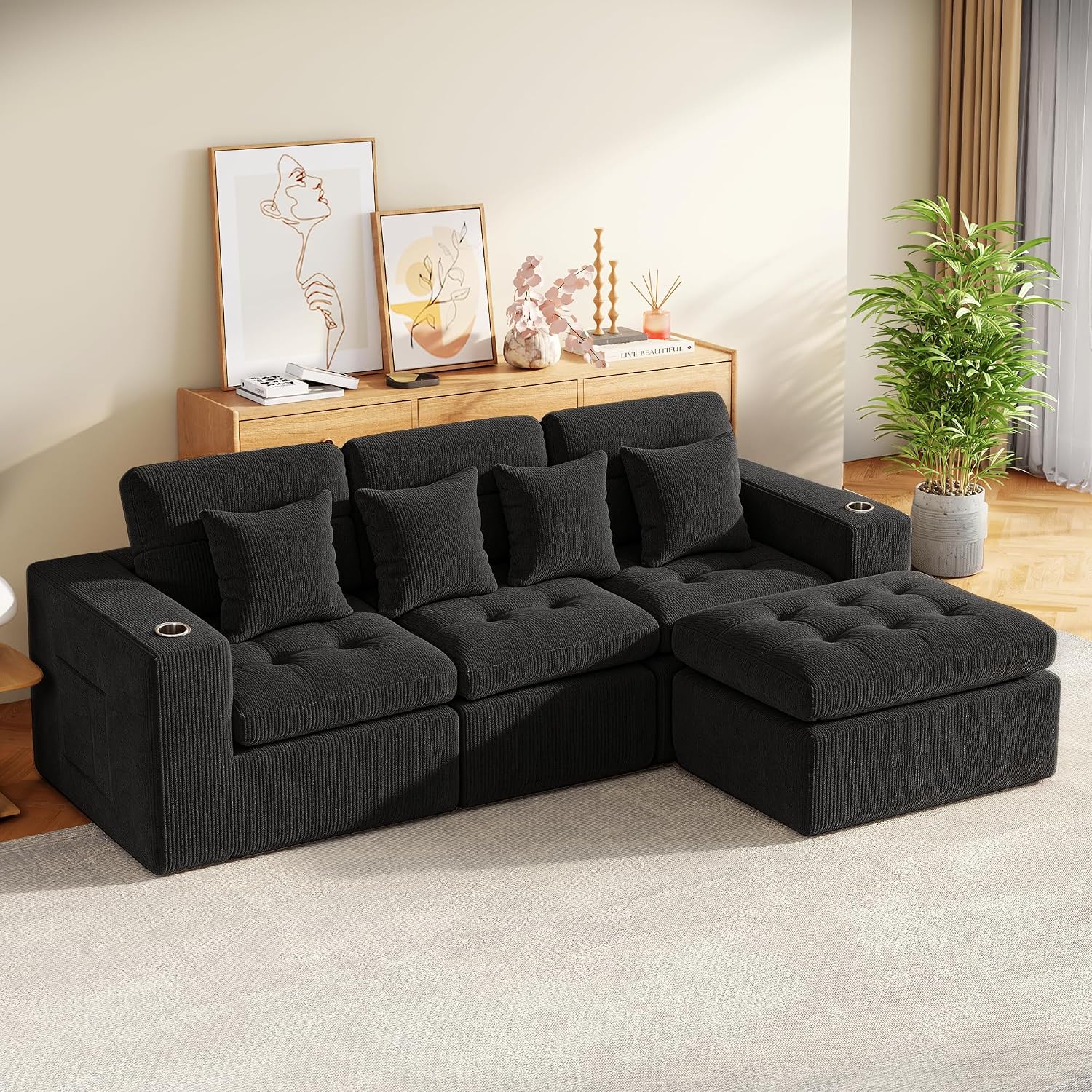105' Modular Sectional Sofa, Cloud Sectional Couch with Deep Seat, Modern Corduroy Comfy L Shaped Couch with Chaise, Boneless Couches for Living Room Bedroom (Matte Black) | Cloud Sectional, Deep Seat, Corduroy, L Shaped with Chaise, Boneless Design