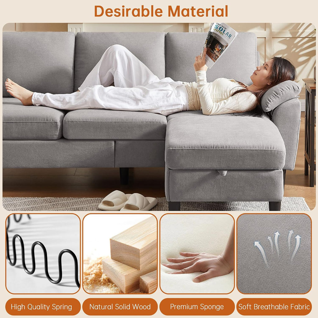 Convertible Sectional Sofa, Modern L Shaped 3-seat Sofa, 79' Linen Fabric Small Sectional Couch with Movable Ottoman, Couch for Small Spaces Living Room (Light Grey)