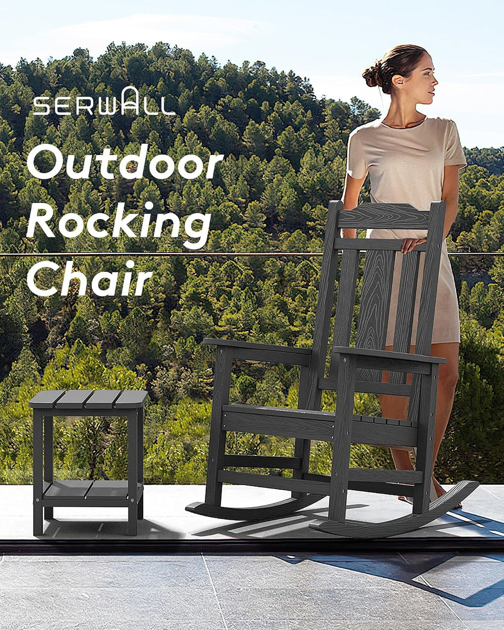 SERWALL Gray Outdoor Rocking Chair Set of 4, All Weather Patio Rocking Chair, HDPE Poly Rocking Chair for Adults, Heavy Duty Front Porch Rocker
